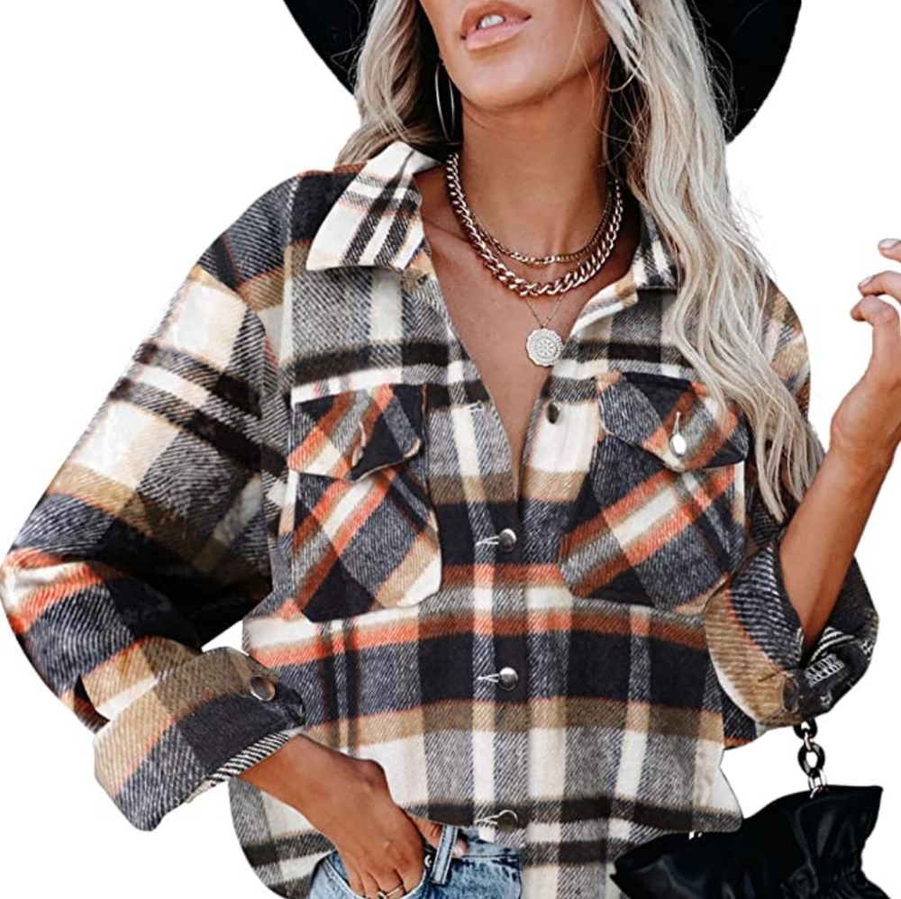 Plaid Button Down Long Sleeve Shacket 2XL